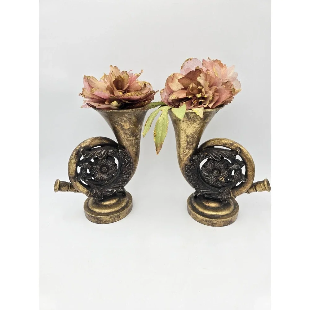 Gold Color French‎ Horn Faux Flower Vases Table Decor Set Of 2